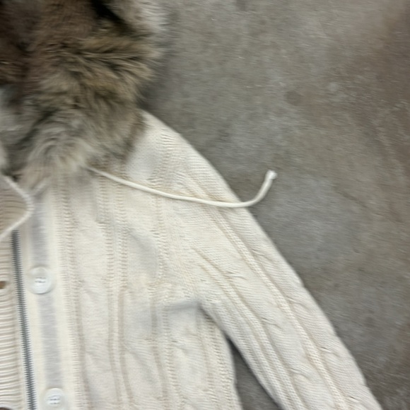 Vintage y2k Cream Cable Knit fishermen Hooded wool blend Cardigan with Fur Trim - Picture 3 of 9